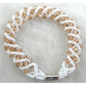 Chinese Crystal Glass Bracelet, golden champagne, 10mm wide, 70mm dia, glass bead:4mm, seed bead:2mm [FGBR34C03]