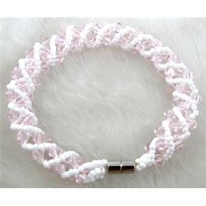Chinese Crystal Glass Bracelet, pink, 10mm wide, 70mm dia, glass bead:4mm, seed bead:2mm [FGBR34C04]