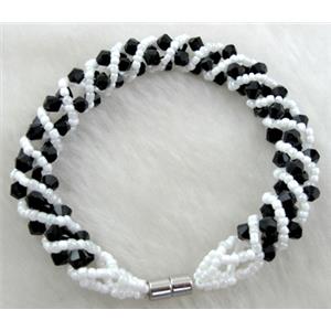 Chinese Crystal Glass Bracelet, black, 10mm wide, 70mm dia, glass bead:4mm, seed bead:2mm [FGBR34C05]