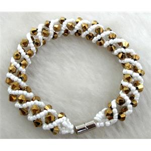 Chinese Crystal Glass Bracelet, gold plated, 10mm wide, 70mm dia, glass bead:4mm, seed bead:2mm [FGBR34C07]
