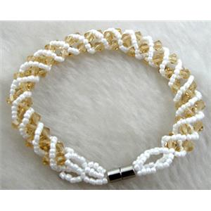 Chinese Crystal Glass Bracelet, golden, 10mm wide, 70mm dia, glass bead:4mm, seed bead:2mm [FGBR34C08]