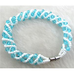 Chinese Crystal Glass Bracelet, aqua, 10mm wide, 70mm dia, glass bead:4mm, seed bead:2mm [FGBR34C09]