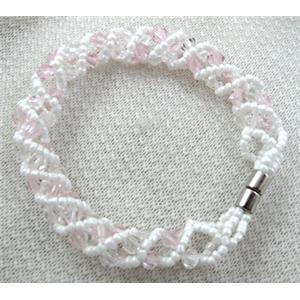 Chinese Crystal Glass Bracelet, lt.pink, 10mm wide, 70mm dia, glass bead:4mm, seed bead:2mm [FGBR34C10]