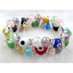lampwork glass bracelet with crystal beads, stretchy, evil eye, 20mm wide, bead:10mm, 7 inch length [FGBR37]