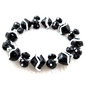Crystal Glass Bracelet, stretchy, black, 16mm dia, 8mm dia, 8 inch length [FGBR38]