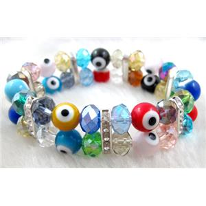 lampwork glass bracelet with crystal beads, stretchy, evil eye, 20mm wide, bead:10mm, 7 inch length [FGBR39]