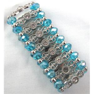 Chinese Crystal Glass Bracelet, stretchy, aqua, approx 34mm wide, 6.5 inch(16.5cm) length [FGBR414]