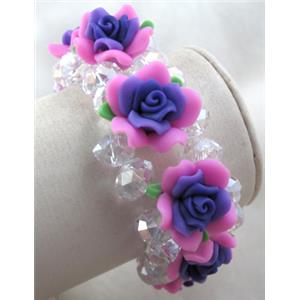 fimo clay bracelet with crystal glass, stretchy, colorful, 28mm wide, flower:20mm, approx 7 inch length [FGBR60]