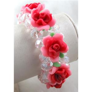 fimo clay bracelet with crystal glass, stretchy, pink, red, 28mm wide, flower:20mm, approx 7 inch length [FGBR61]