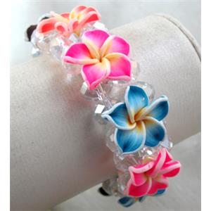 fimo clay bracelet with crystal glass, stretchy, mixed color, 28mm wide, flower:20mm, approx 7 inch length [FGBR63]