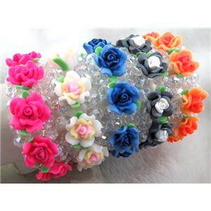 fimo clay bracelet with crystal glass, stretchy, mixed color, 28mm wide, flower:20mm, approx 7 inch length [FGBR64]