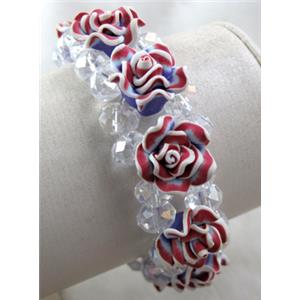 fimo clay bracelet with crystal glass, stretchy, 23mm wide, flower:16mm, approx 7 inch length [FGBR65]