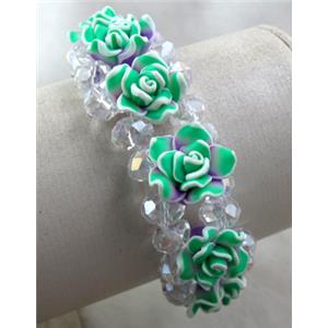 fimo clay bracelet with crystal glass, stretchy, green, 23mm wide, flower:16mm, approx 7 inch length [FGBR66]