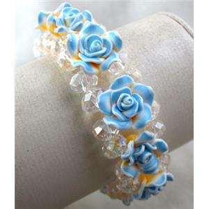 fimo clay bracelet with crystal glass, stretchy, blue, 23mm wide, flower:16mm, approx 7 inch length [FGBR67]
