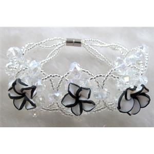 fimo clay bracelet with crystal glass, white, flower:16mm, approx 7 inch length [FGBR82]