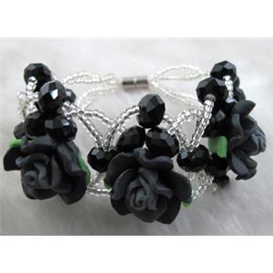 fimo clay bracelet with crystal glass, black, flower:20mm, approx 7 inch length [FGBR83]