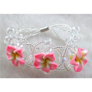 fimo clay bracelet with crystal glass, pink, flower:16mm, approx 7 inch length [FGBR84]