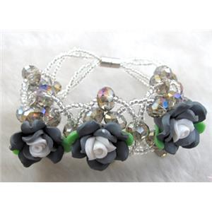 fimo clay bracelet with crystal glass, grey, white, flower:20mm, approx 7 inch length [FGBR85]