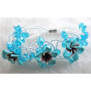 fimo clay bracelet with crystal glass, blue, flower:16mm, approx 7 inch length [FGBR87]