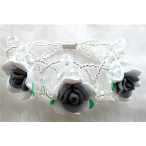 fimo clay bracelet with crystal glass, grey, white, flower:20mm, approx 7 inch length [FGBR89]
