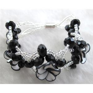 fimo clay bracelet with crystal glass, black, white, flower:16mm, approx 7 inch length [FGBR90]