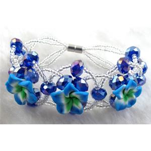 fimo clay bracelet with crystal glass, blue, flower:16mm, approx 7 inch length [FGBR91]