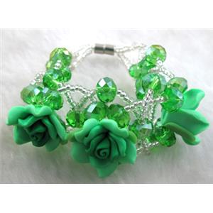 fimo clay bracelet with crystal glass, green, flower:20mm, approx 7 inch length [FGBR92]