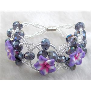 fimo clay bracelet with crystal glass, lavender, flower:16mm, approx 7 inch length [FGBR93]