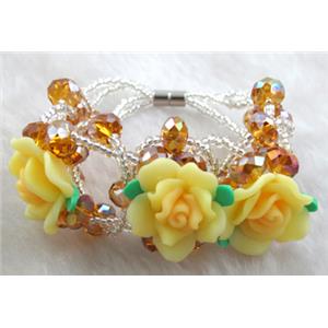 fimo clay bracelet with crystal glass, yellow, flower:20mm, approx 7 inch length [FGBR94]