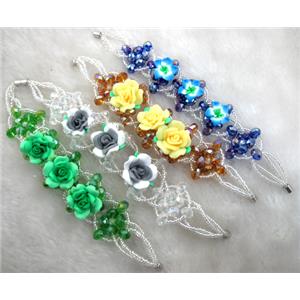 fimo clay bracelet with crystal glass, mixed color, flower:20mm, approx 7 inch length [FGBR95]