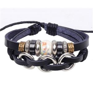 handmade bracelet with leather, alloy bead, approx 16-18cm length [FGBRB384]