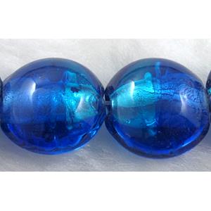 dichromatic lampwork glass beads with foil, flat-round, blue, 16-17mm dia [FGCRD21C02]