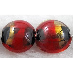 dichromatic lampwork glass beads with foil, flat-round, red, 16-17mm dia [FGCRD21C04]
