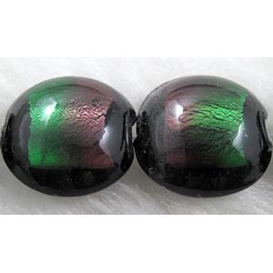 dichromatic lampwork glass beads with foil, flat-round, green, purple, 16-17mm dia [FGCRD21C05]