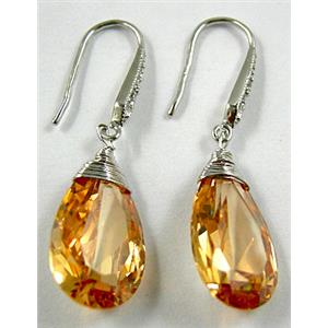 Golden Cubic Zirconia Drop Earrings, Nickel Free, 12x22mm, 43mm length [FGERE82570-3]