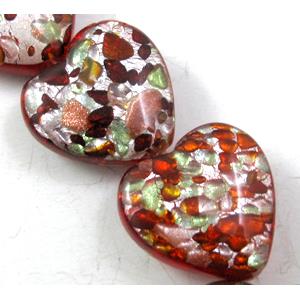 lampwork beads with silver foil, heart, red, 12mm dia, 33pcs per st [FGIC05C09-12MM]