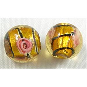 glass lampwork beads with silver foil, line, round, golden, 12mm dia [FGLRD03C01]