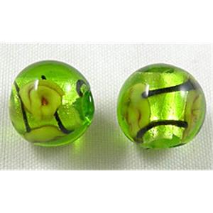 glass lampwork beads with silver foil, line, round, green, 12mm dia [FGLRD03C03]