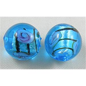 glass lampwork beads with silver foil, line, round, blue, 12mm dia [FGLRD03C05 ]