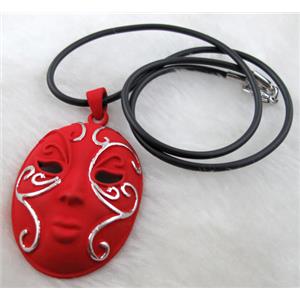 red lacquered mask Necklace, alloy, rubber cord, 32x55mm, 16 inch length [FGNK19C02-A1753]