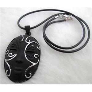 lacquered mask Necklace, alloy, rubber cord, black, 32x55mm, 16 inch length [FGNK19C03-A1753]