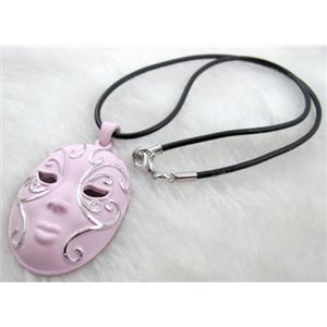 pink lacquered mask Necklace, alloy, rubber cord, 32x55mm, 16 inch length [FGNK19C04-A1753]