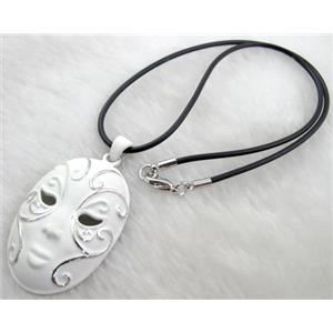 lacquered mask Necklace, alloy, rubber cord, white, 32x55mm, 16 inch length [FGNK19C05-A1753]