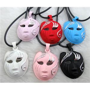 lacquered mask Necklace, alloy, rubber cord, mixed, 30x42mm, 16 inch length [FGNK20-A1747]
