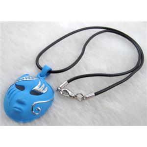 lacquered mask Necklace, alloy, rubber cord, blue, 30x42mm, 16 inch length [FGNK20C01-A1747]