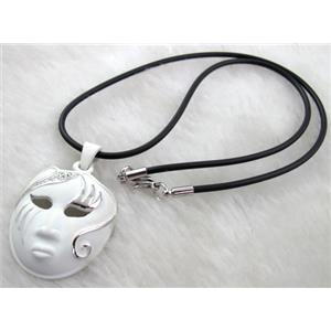 lacquered mask Necklace, alloy, rubber cord, white, 30x42mm, 16 inch length [FGNK20C02-A1747]