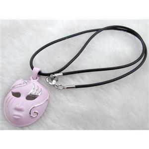 lacquered mask Necklace, alloy, rubber cord, pink, 30x42mm, 16 inch length [FGNK20C03-A1747]