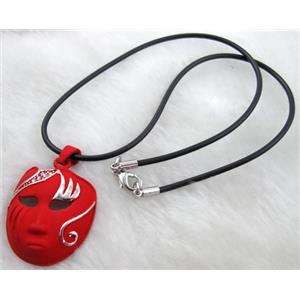 lacquered mask Necklace, alloy, rubber cord, red, 30x42mm, 16 inch length [FGNK20C05-A1747]