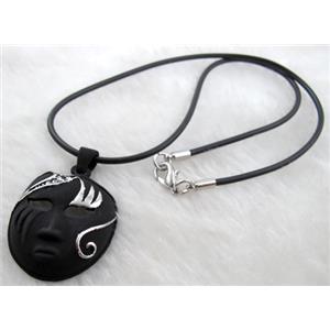 lacquered mask Necklace, alloy, rubber cord, black, 30x42mm, 16 inch length [FGNK20C06-A1747]