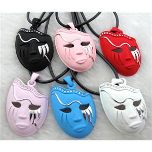lacquered mask Necklace, alloy, rubber cord, mixed, 30x42mm, 16 inch length [FGNK21-A1749]